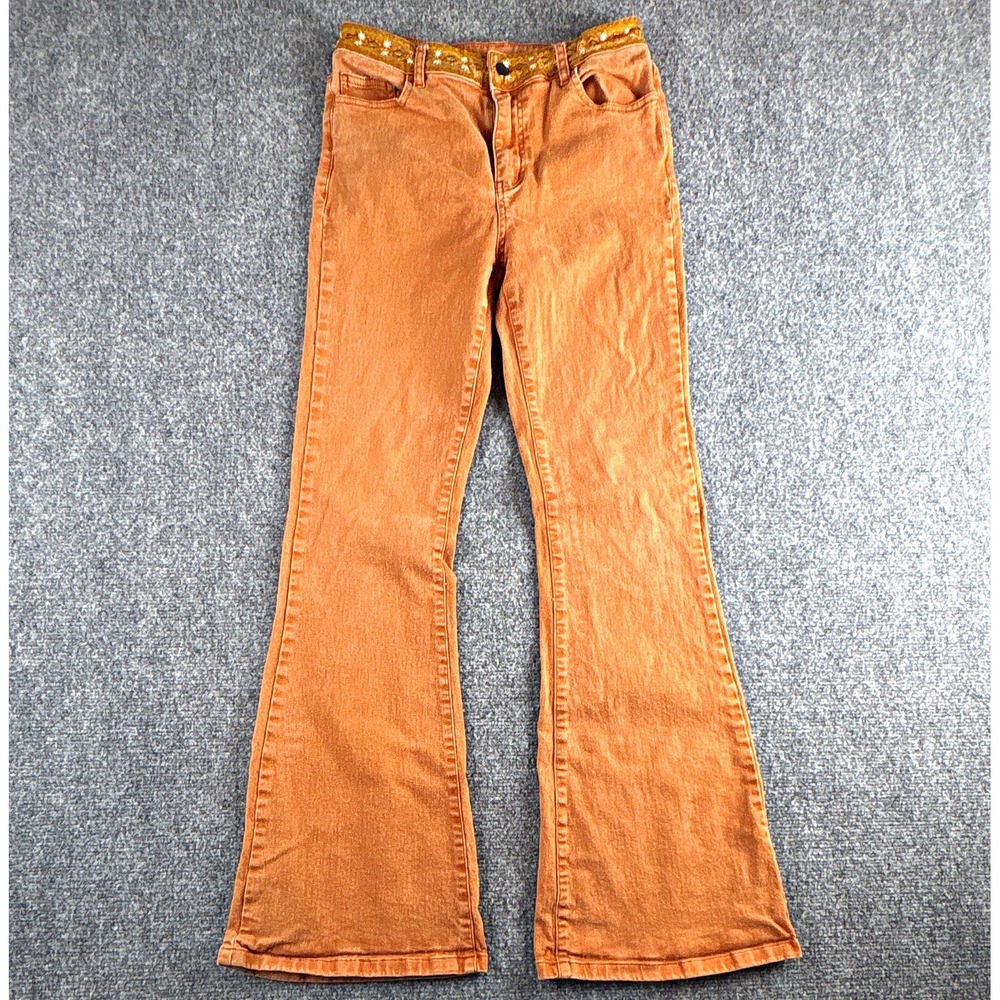 Pink Lily Embroidered Waistband Flare Jeans Burnt Orange Boho - Size